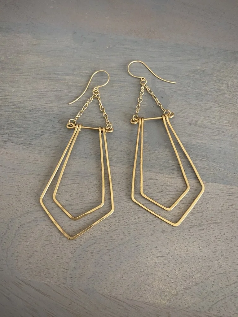 Double-Tiered Geometric Brass Earrings Handmade Geometric Tiered Brass Drop Earrings-Gold-tone-Fair  main image 3
