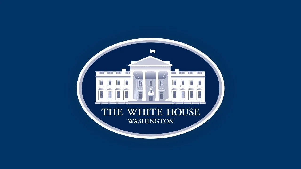 Illustration of the White House with the words "The White House Washington" below it, on a dark blue background.