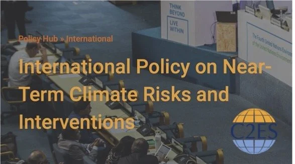 Conference room at the Policy Hub International event discussing near-term climate risks and interventions, with a banner displaying the event's topic and a C2ES logo.