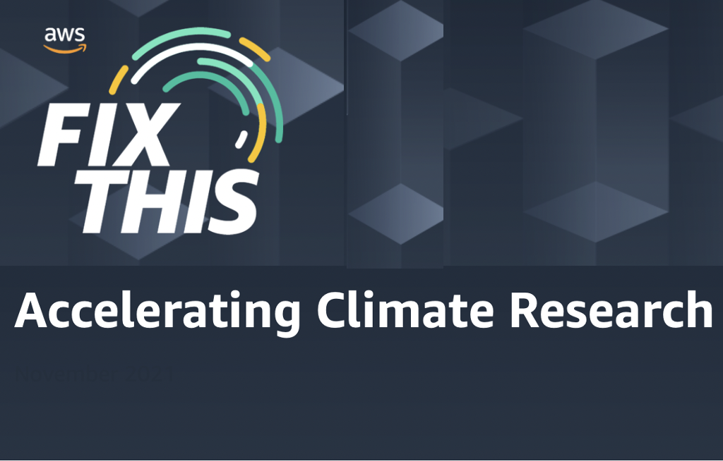 AWS Fix This program promoting accelerating climate research with a dark geometric background and colorful graphic arc.