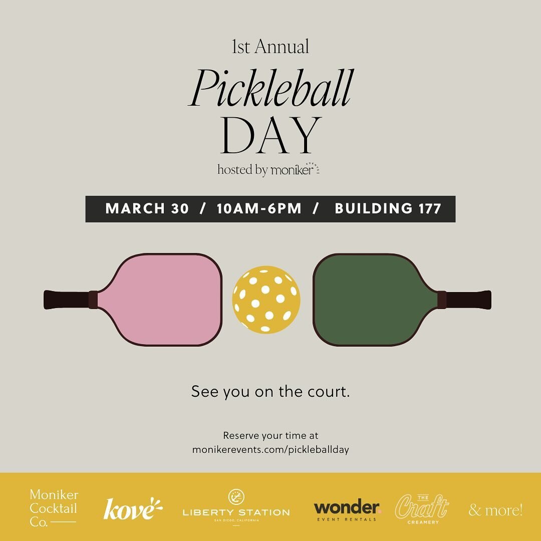 1st Annual Pickleball Pop Up this month at Building 177 in Liberty Station!

Join us for a game, some bites, and refreshing cocktails. A perfect activity for you and your friends, family, or other pickleball-lovers!

Book your spot today at monikerev