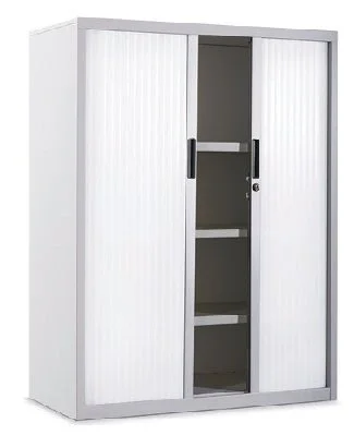 White metal storage cabinet with sliding doors and internal shelves.