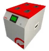 A modern washing machine with a red top and a digital control panel.