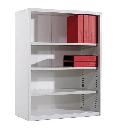 White bookshelf with four shelves, three red binders on the top shelf, and three red binders on the second shelf.