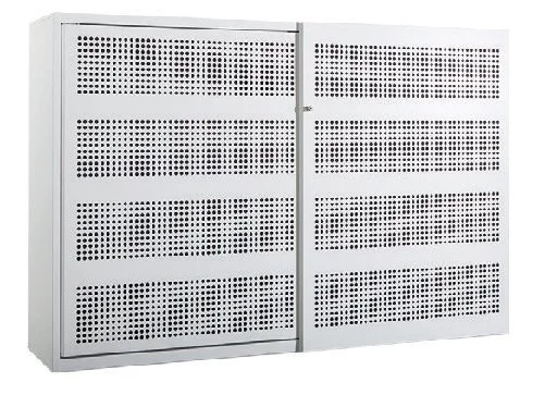 A metal radiator with perforations and two sliding doors.