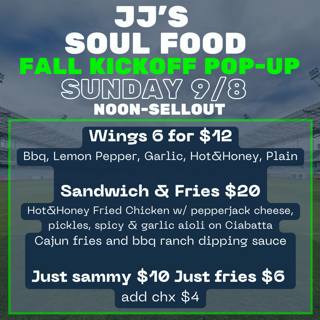A promotional poster for JJ's Soul Food Fall Kickoff Pop-up event on Sunday, 9/8, featuring menu items including wings, sandwiches, and fries, with text in bold and bright colors against a stadium background.
