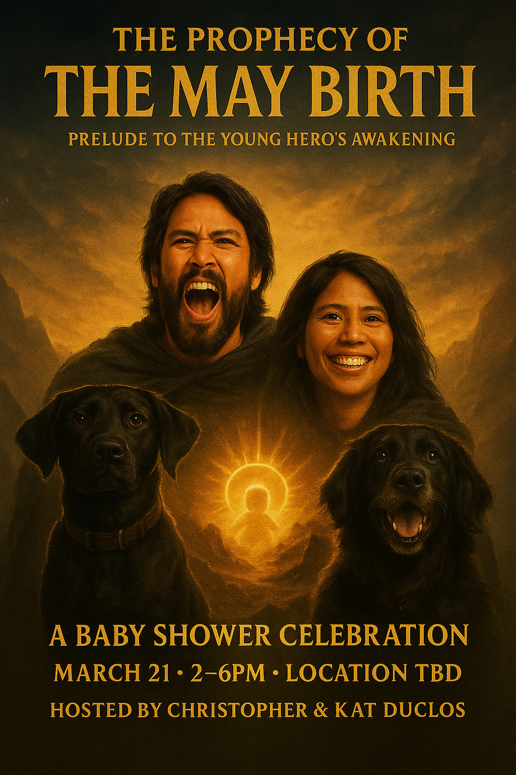 Promotional poster for a baby shower celebration titled 'The Prophecy of the May Birth,' featuring a man with long hair and beard shouting, a smiling woman, and two dogs, with a glowing sun and mountain background.