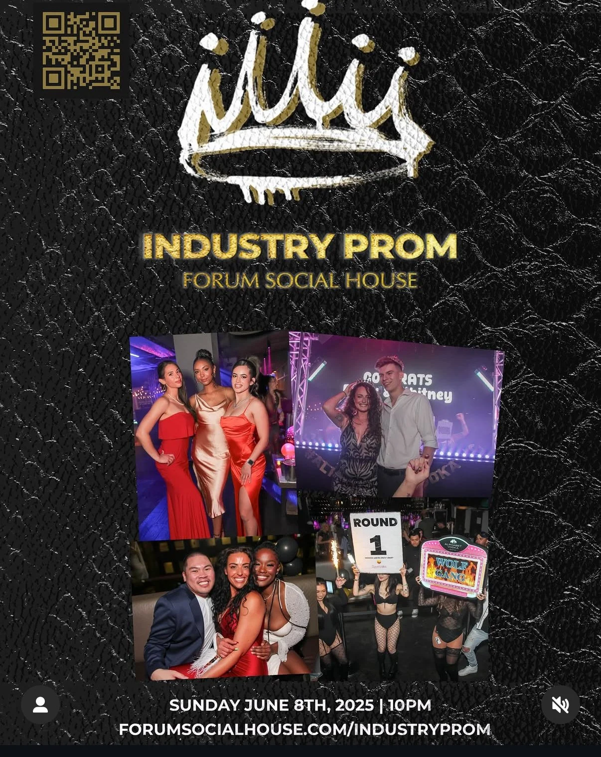 A promotional poster for an industry prom event at Forum Social House on Sunday, June 8th, 2025 at 10 PM, featuring a collage of photos from past parties.