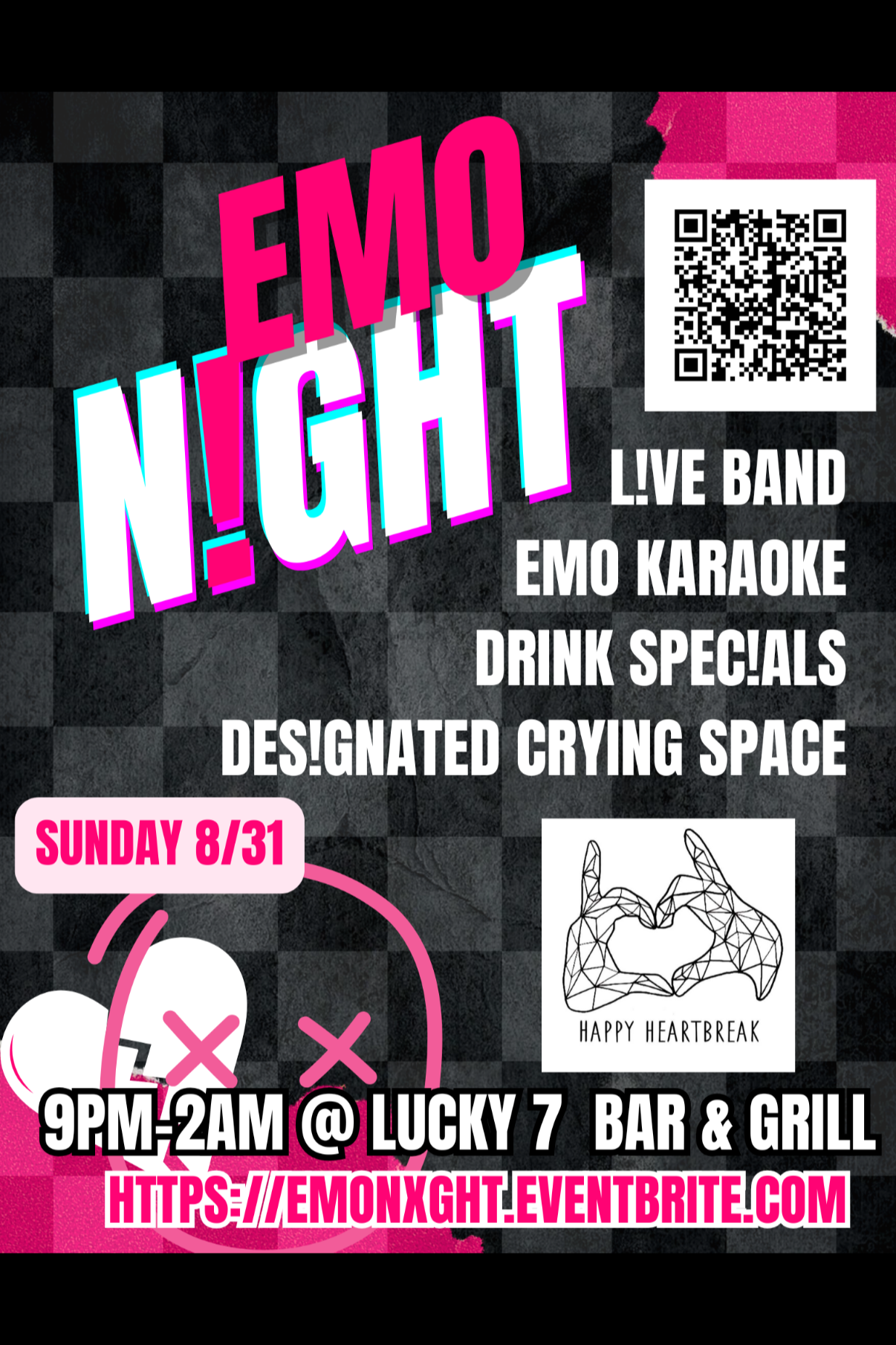 Promotional poster for an emo-themed event titled 'Emo Night' with live band, emo karaoke, drink specials, and a designated crying space, scheduled for Sunday, August 31st from 9 PM to 2 AM at Lucky 7 Bar & Grill.
