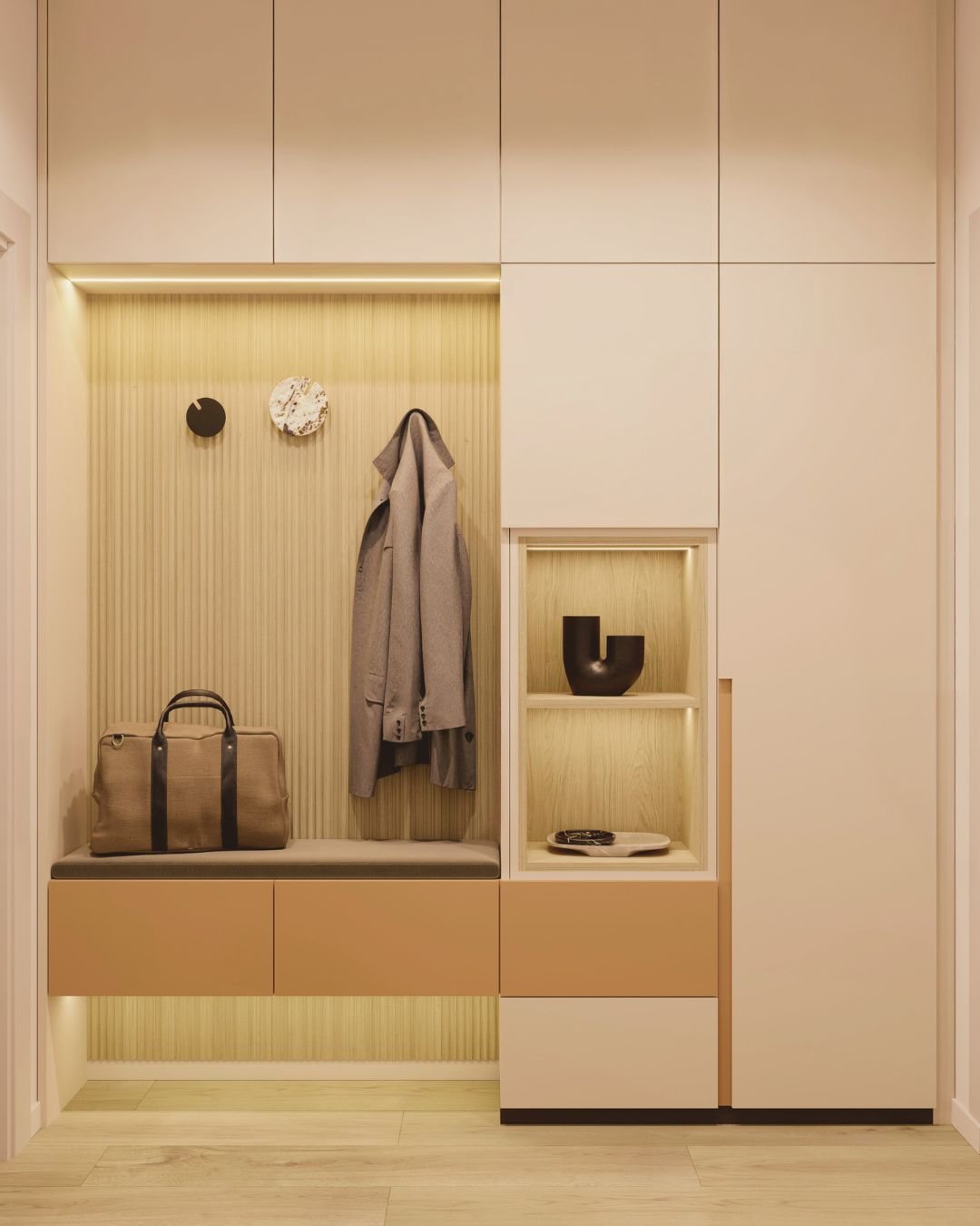 ELŐSZOBA

Coup de Coeur (one from the heart) &ndash; a projekt, ami igaz&aacute;n k&ouml;zel &aacute;ll a sz&iacute;vemhez

A kis alapter&uuml;letű (30 nm) okosotthon előszob&aacute;j&aacute;ban a z&aacute;rt &eacute;s nyitott fel&uuml;letek v&aacute