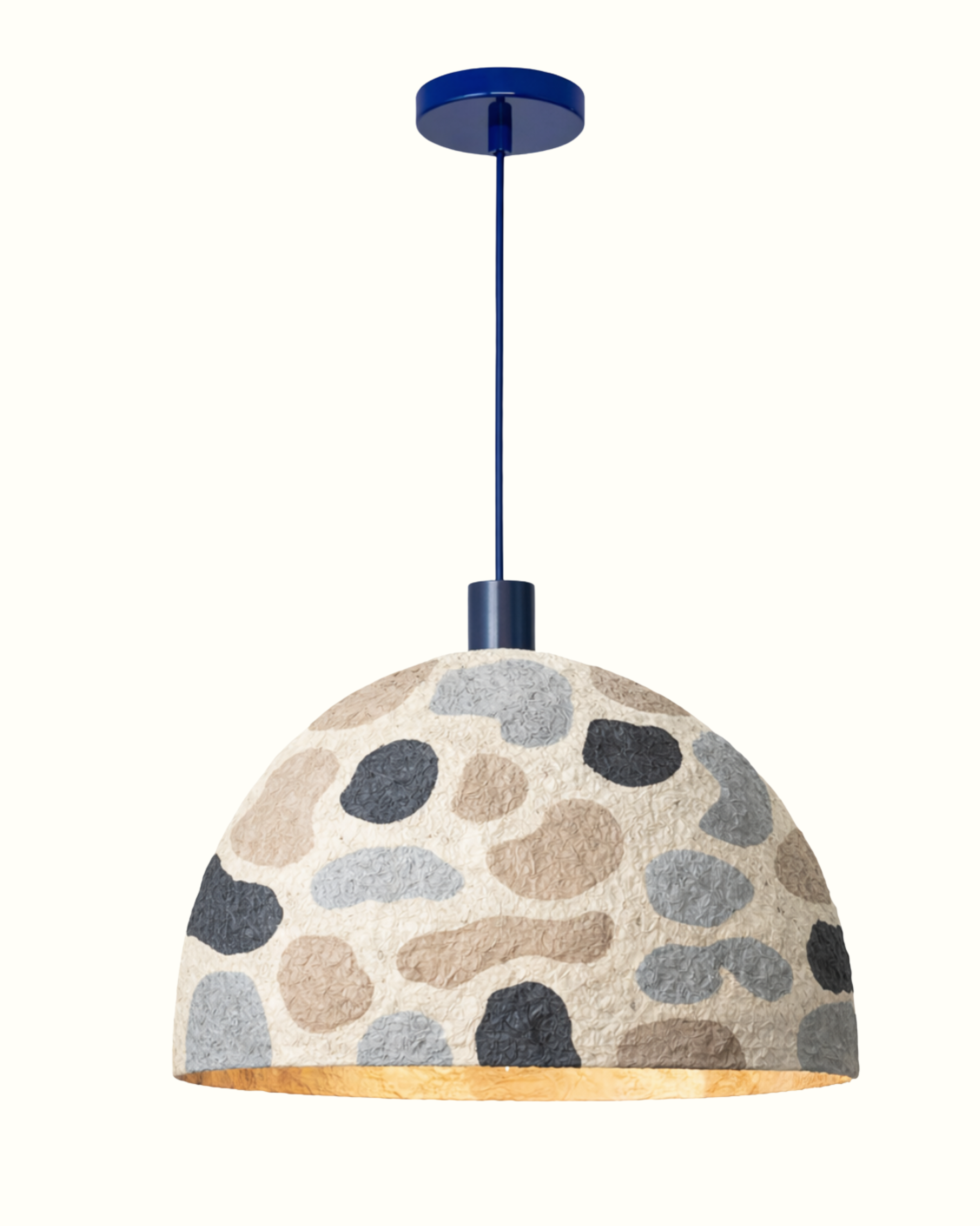 Pendant light fixture with a leopard print pattern on the shade, hanging from a blue ceiling mount and cord.