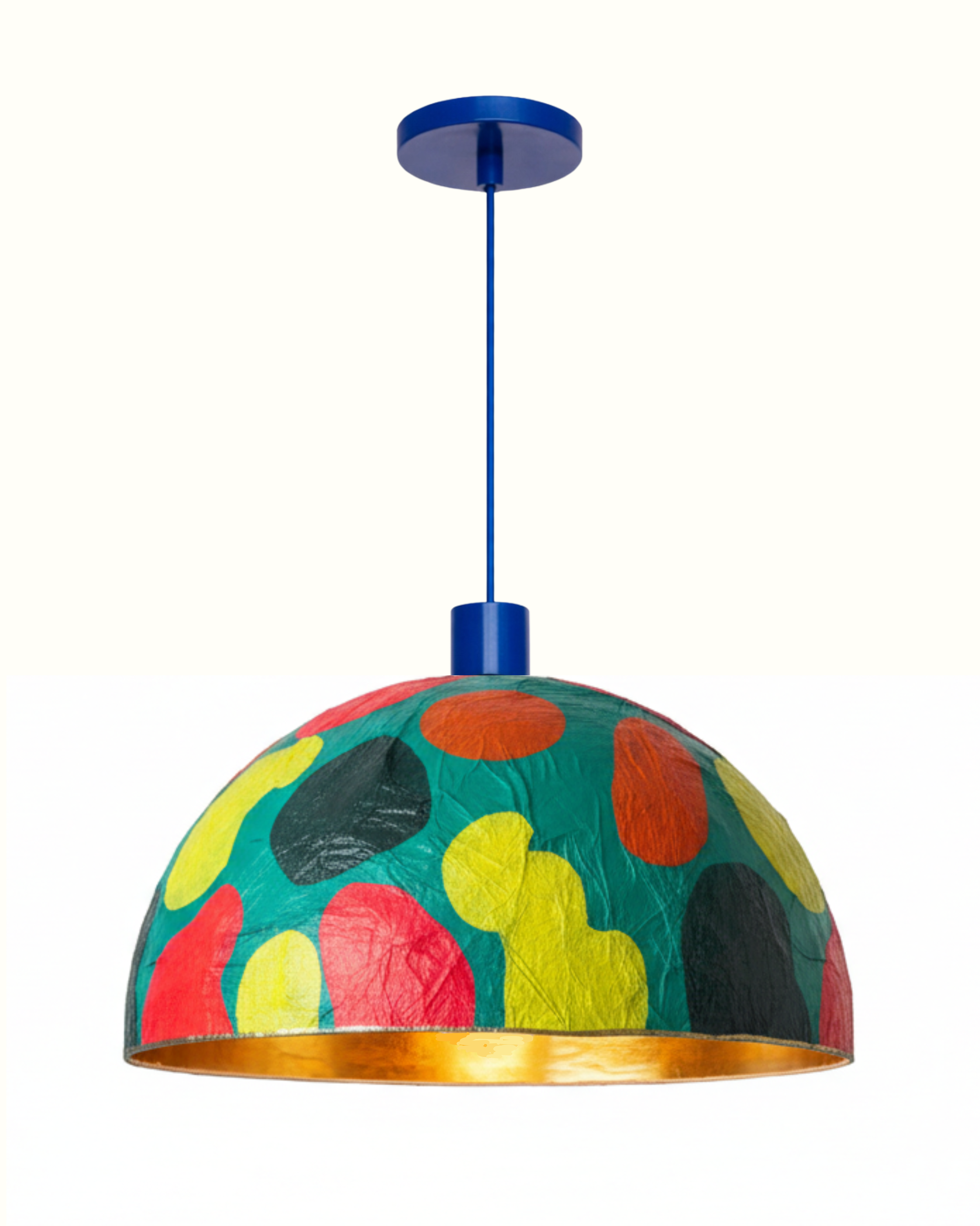 Colorful hanging pendant light with a polka dot pattern