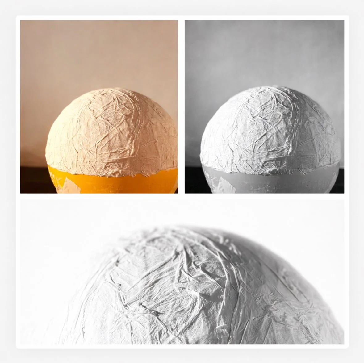 A spherical object covered with crumpled paper, shown in three different versions including a color, black-and-white, and a close-up detail shot.