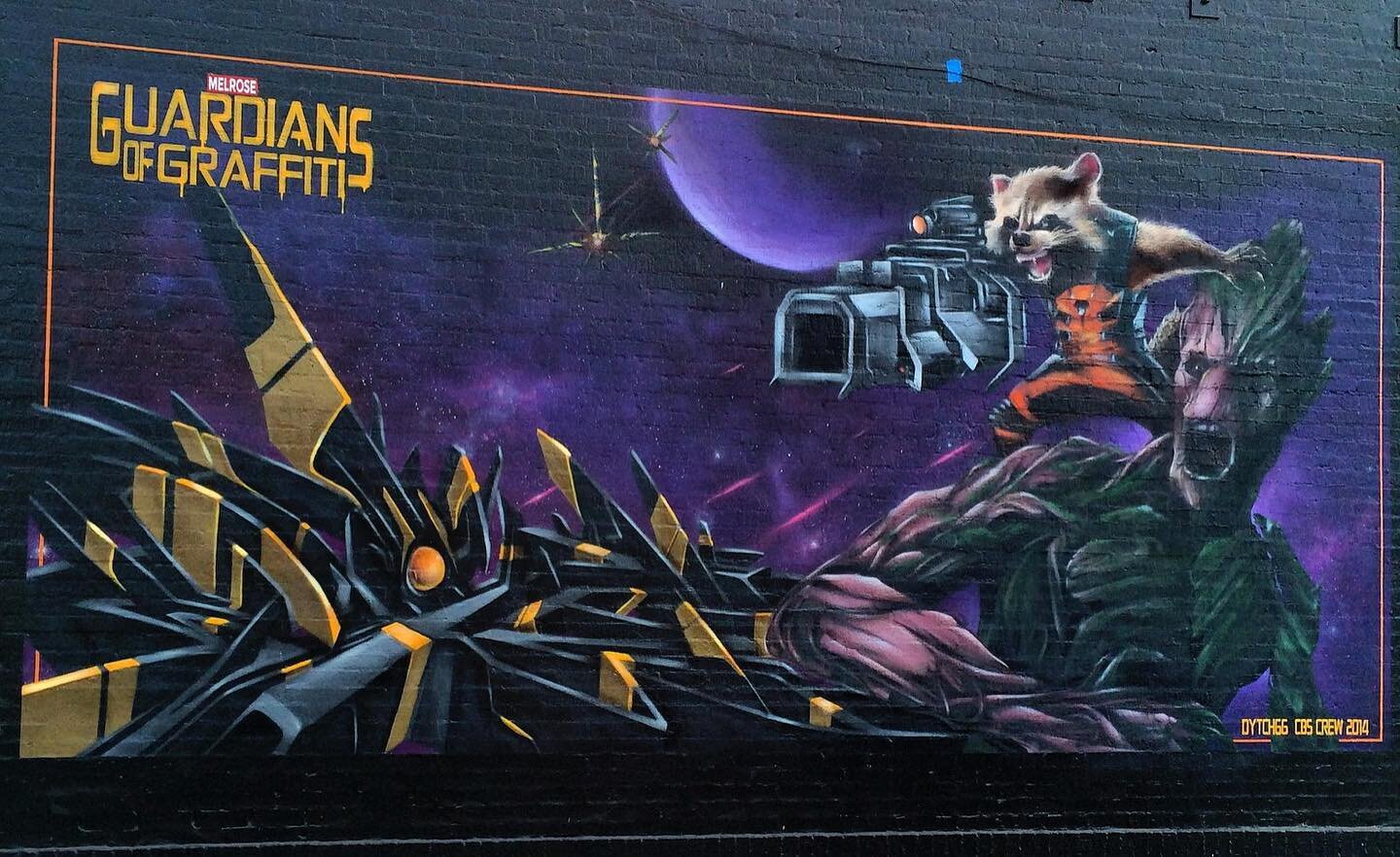 Throw back Thursday, have you seen the new @guardiansofthegalaxy movie?!?! Here&rdquo;s @dytch66 fan mural from 2014 with his 3D letters to enjoy!! #graffiti #3dletters #dytch66 #spraypaint #blankcanvasla #2014 #2023