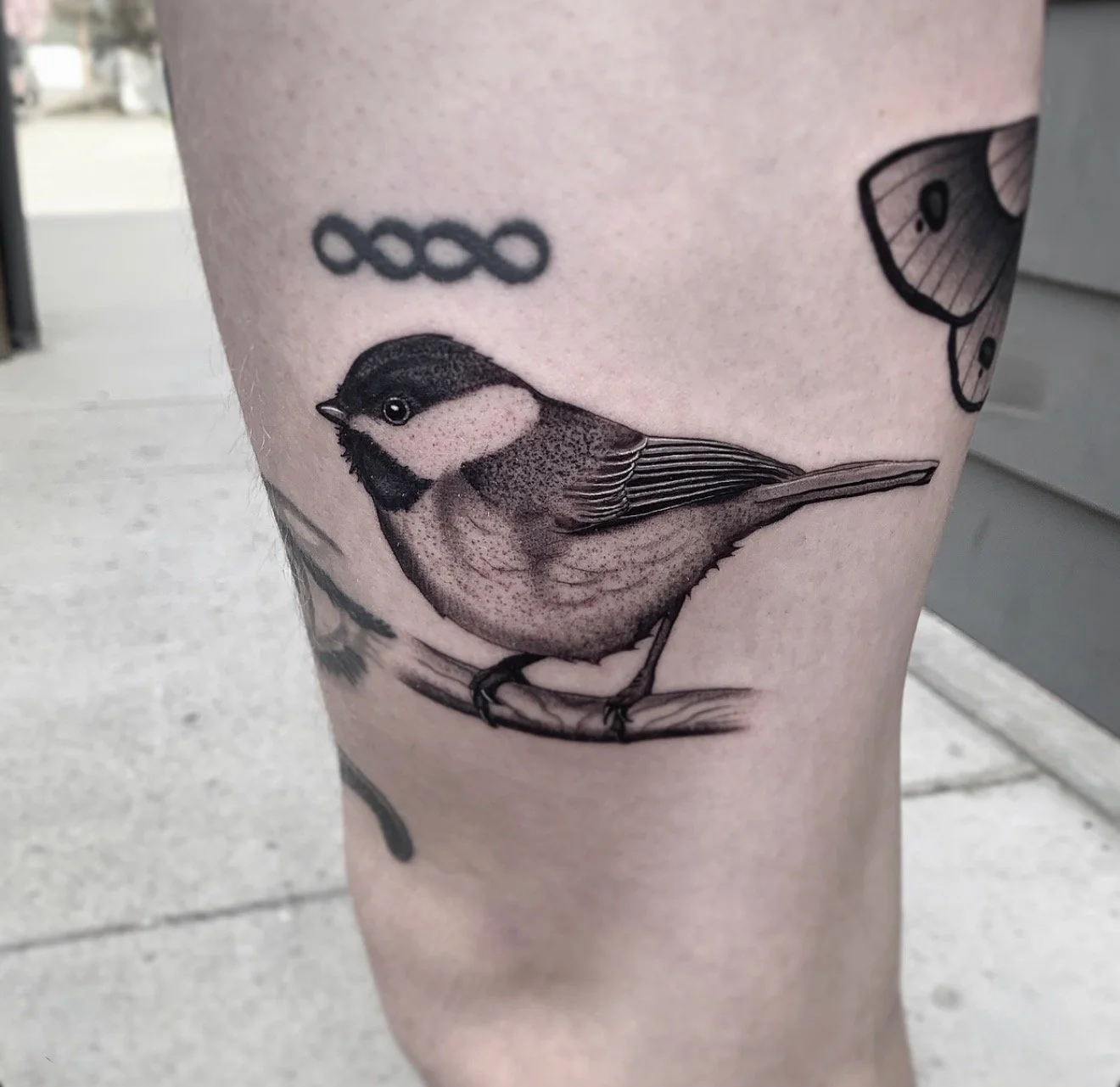 Tattoo of a detailed black and gray bird on person's thigh, with an infinity symbol and partial image of a butterfly.