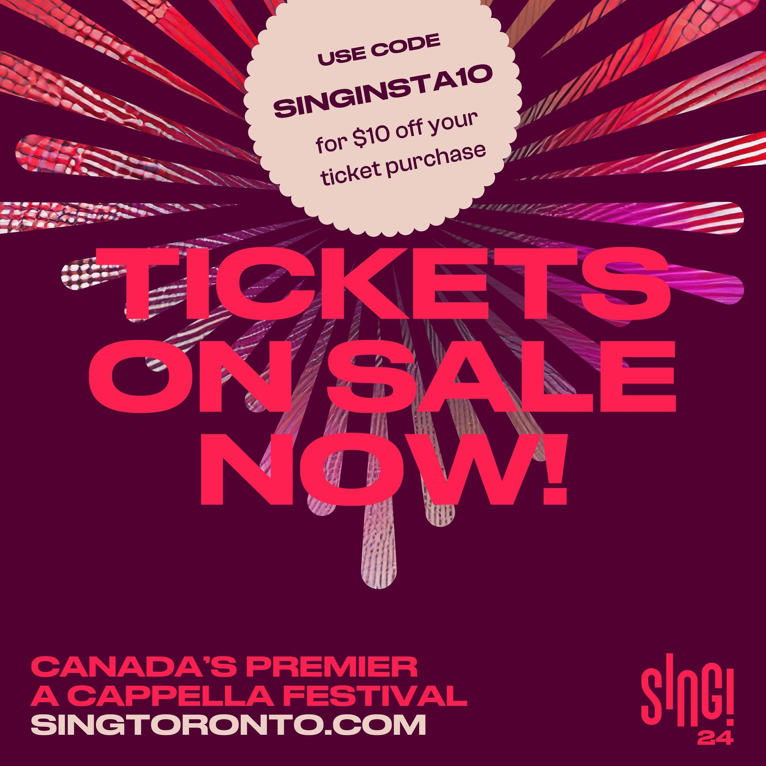 🎉🎊 It&rsquo;s happening, people! 🎊🎉
.
Tickets are now on sale for SING 2024!!!
.
Use promo code SINGINSTA10 to get $10 off your ticket purchase! 
.
 #SING2024 #Acappella #SingAlong #MusicFestival #MusicInThe6ix
.
(Promo code does not apply to our