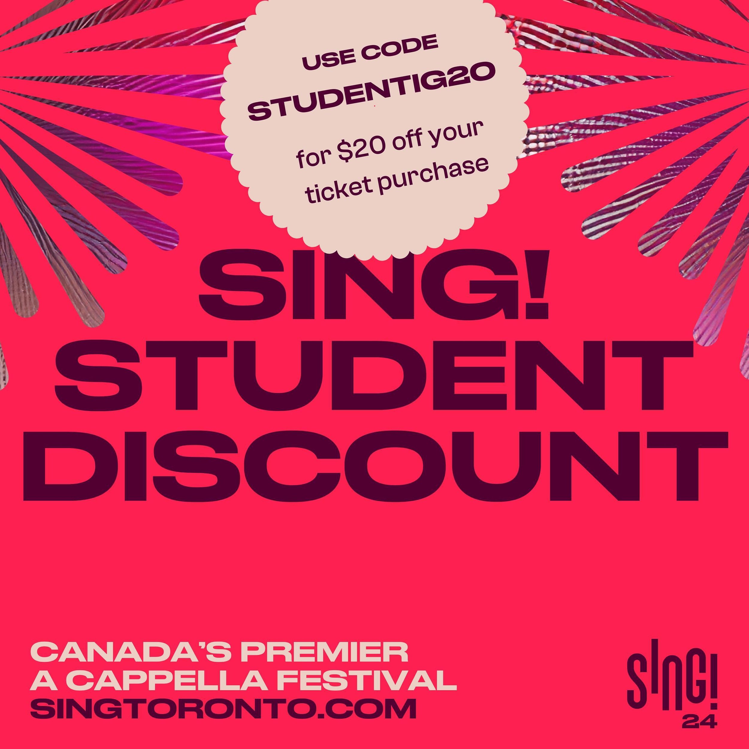 50% all of our ticketed concerts if you&rsquo;re a student! Just use the promo code STUDENTIG20 when you buy your tickets! Visit singtoronto.com for our full schedule of programming. See you there! #SING2024
