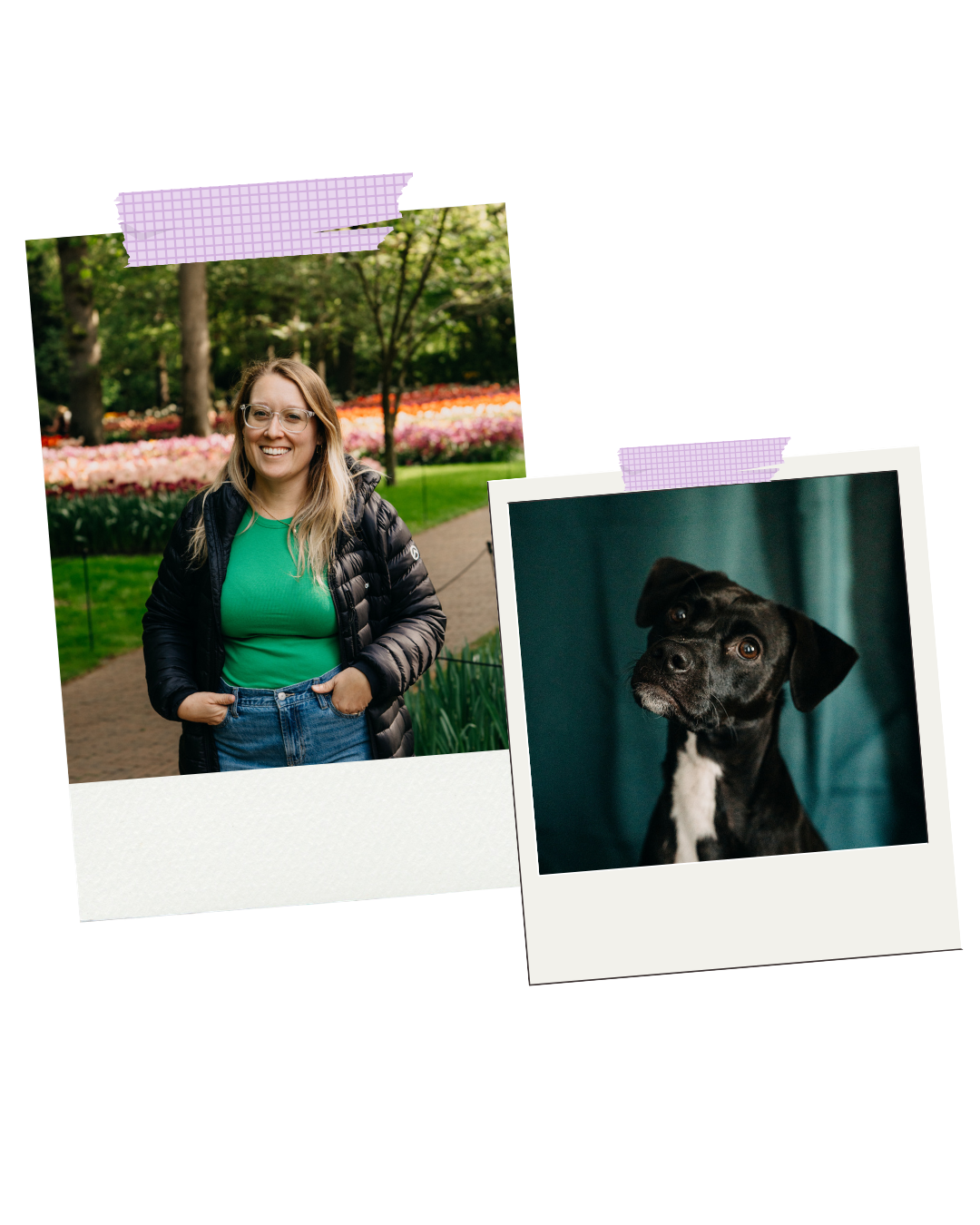 Photographs of a woman smiling outdoors in a garden and a dog sitting indoors.