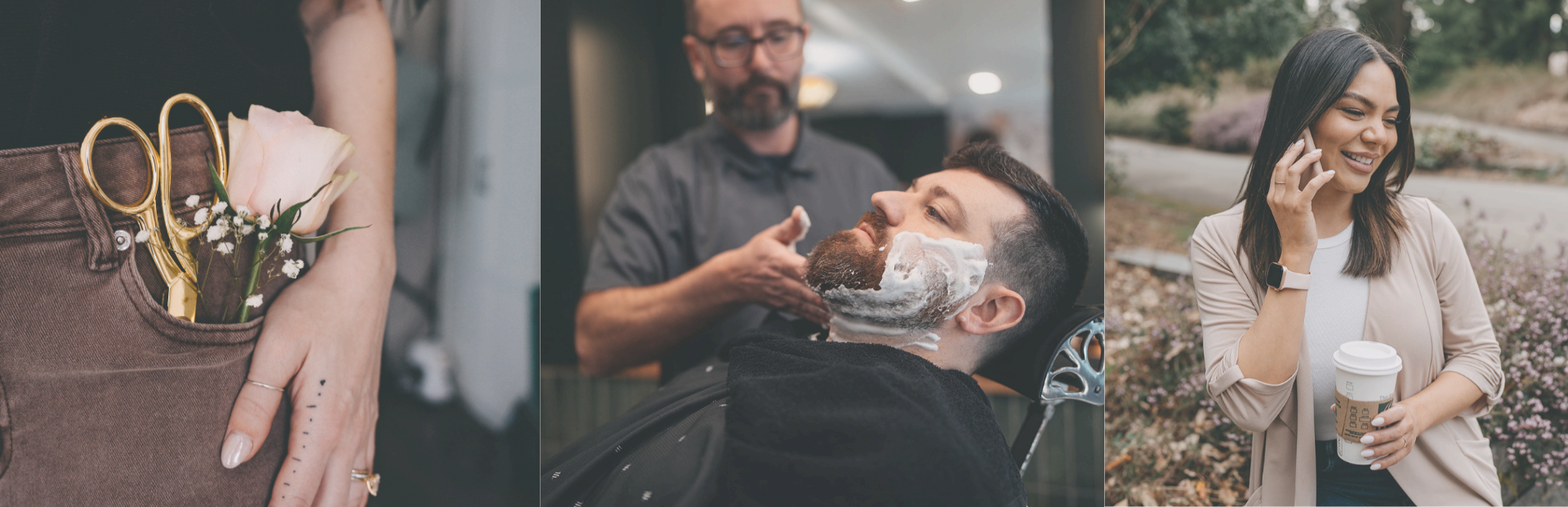 collage of three images: first showing a person's hand in a pocket with a flower and grooming scissors, second showing a man getting a shave at a barbershop, third showing a woman smiling on a phone outdoors holding a coffee cup