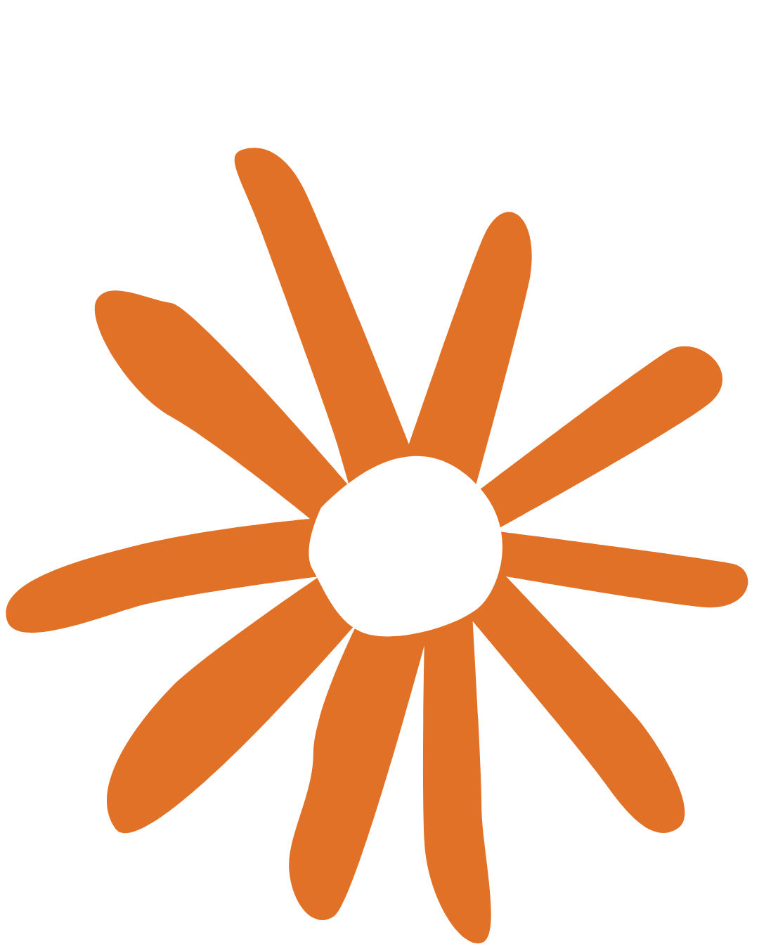 Simplified illustration of a flower with long orange petals and a white circular center.