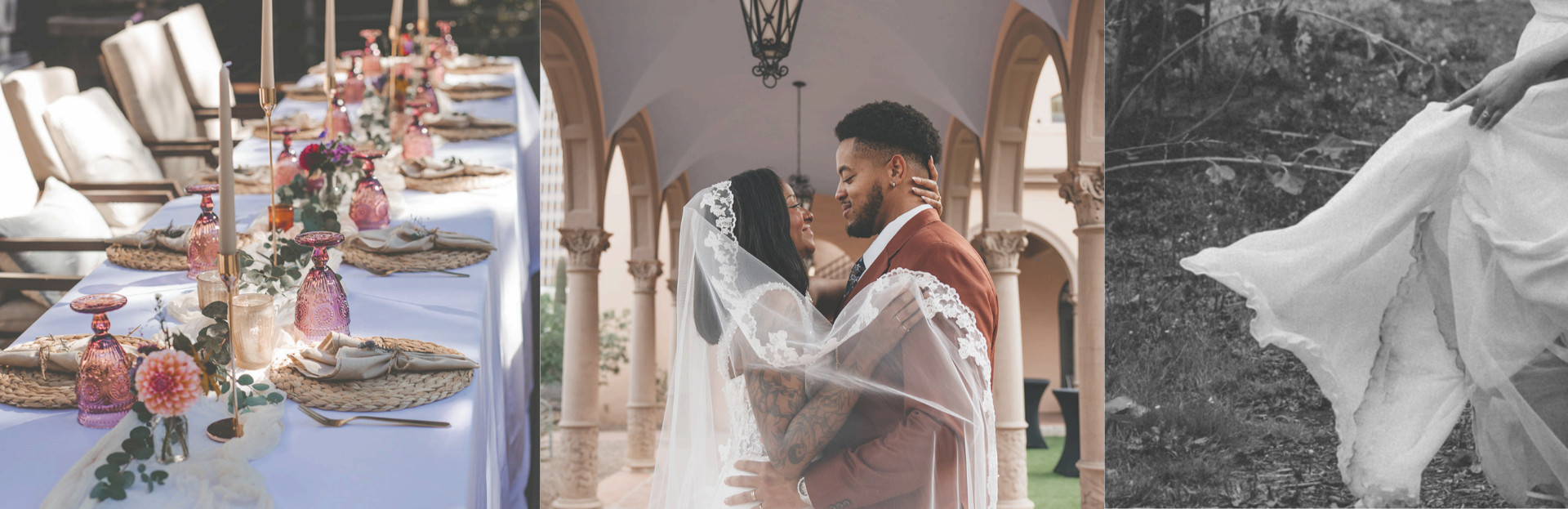 A triptych of wedding images: a long decorated dining table with pink and purple glassware and flowers, a bride and groom sharing an embrace under an archway, and a black-and-white photo of a wedding dress being held outdoors.