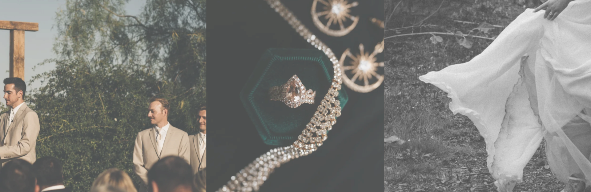 A collage of three photos: The first shows a wedding ceremony with groomsmen in beige suits outdoors. The second displays a close-up of diamond jewelry, including rings and necklaces, on a dark background. The third is a black-and-white image of a person wearing a flowing white dress standing on the ground.