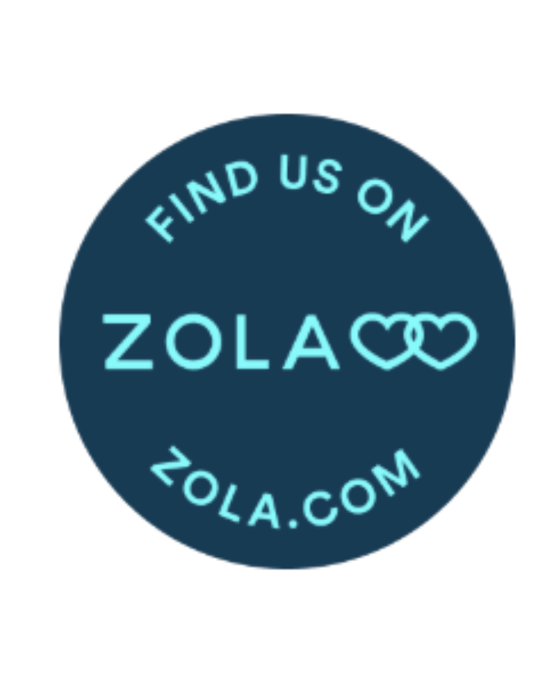 A circular badge with the text 'Find us on ZOLA' and the website 'zola.com', with two interlinked hearts to the right of 'ZOLA'.