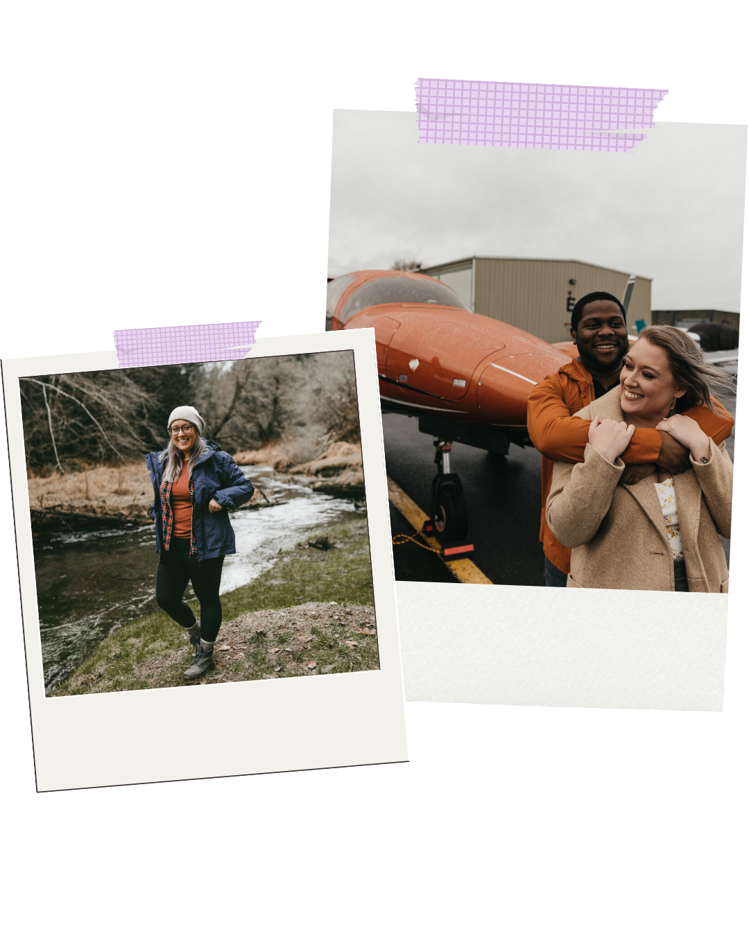 Two candid photos of people outdoors, one of a woman standing by a river in a forested area, the other of a couple smiling and hugging near an aircraft on a tarmac.