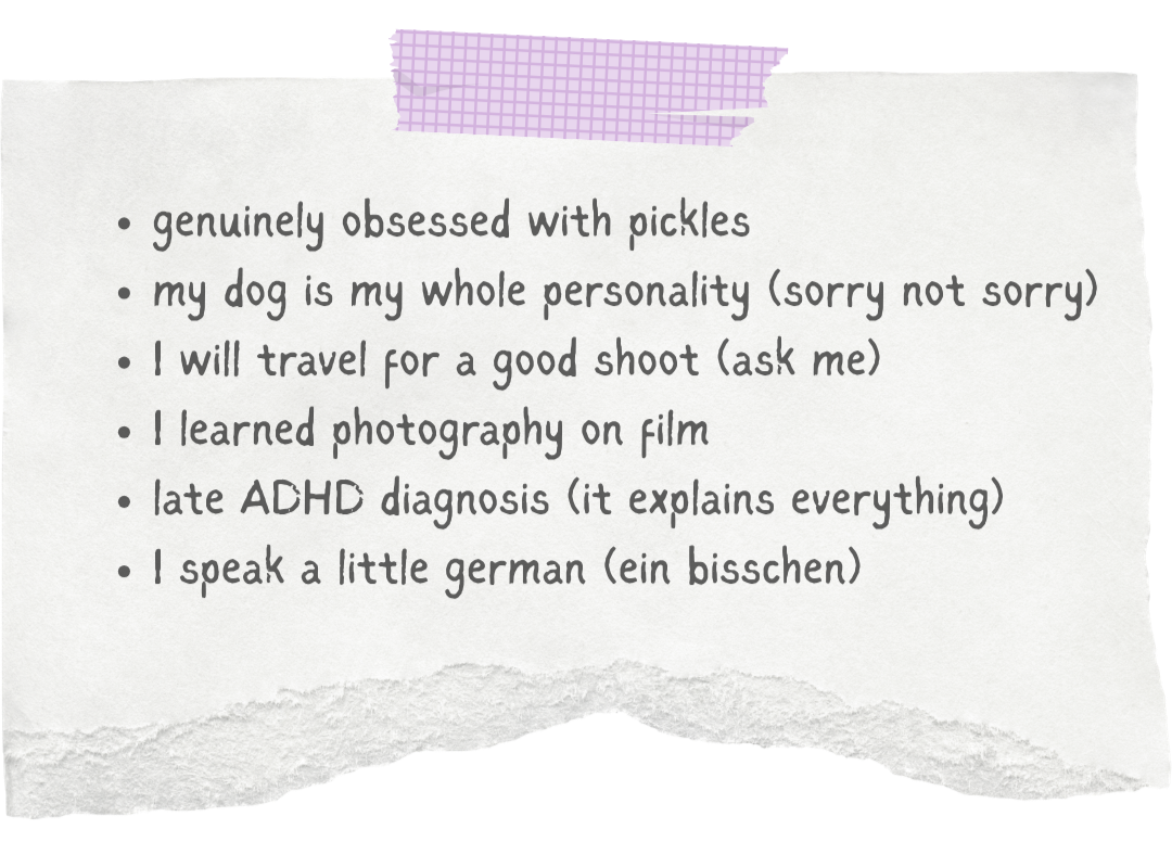 A handwritten list on torn paper with six bullet points, taped with purple washi tape at the top and bottom.