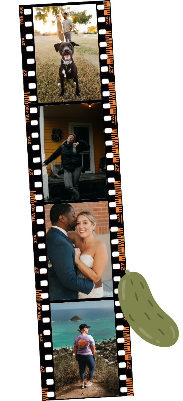 A strip of four photographs on a film reel. The first photo shows two people and a black dog outdoors at sunset. The second photo depicts a woman standing on a porch in a black jacket and glasses. The third photo features a smiling couple in formal attire, embracing each other. The fourth photo shows a woman standing on a trail overlooking a beach and ocean, wearing a purple T-shirt and hat.