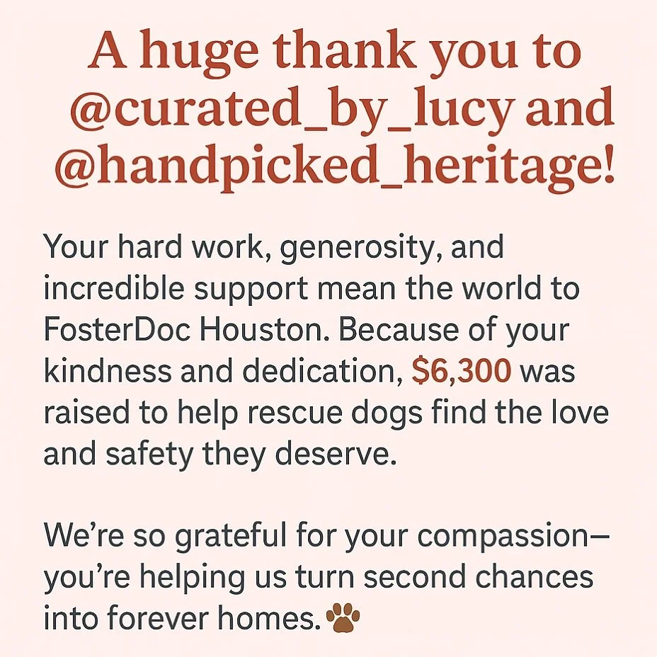 We’re sending a HUGE thank you to @curated_by_lucy and @handpicked_heritage and @midnightsantiques for their incredible generosity, hard work, and kindness 🐾💛
Because of their dedication and community support, $6,300 was donated to FosterDoc