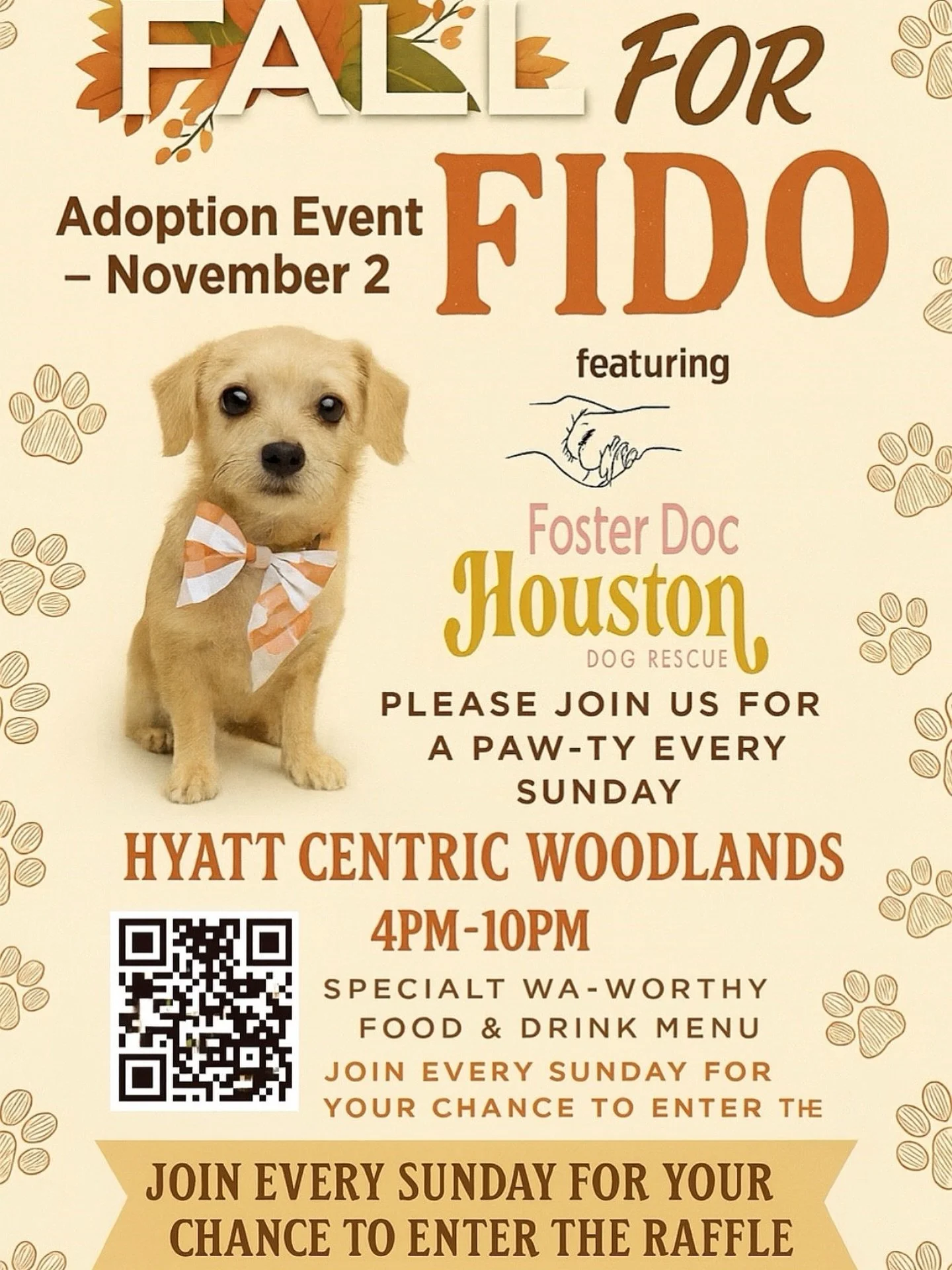 Please join us for an evening of fall fun at the @hyattcentricthewoodlands on Sunday, November 2nd! This dog friendly paw-ty will have cocktails, fall vibes and adoptable dogs! 🐶 Donations will be made available as well as put amazon wishlist for th