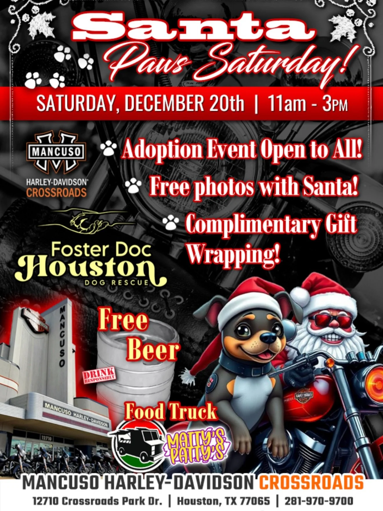 Merry Christmas 🎄🎅Houston! 

We are partnered with Mancuso Crossroads-Harley Davidson this holiday season for their Santa Paws Saturday event December 20th from 11AM-3PM.

THIS IS OUR LAST ADOPTION EVENT OF 2025 and some of our long term stay pups 