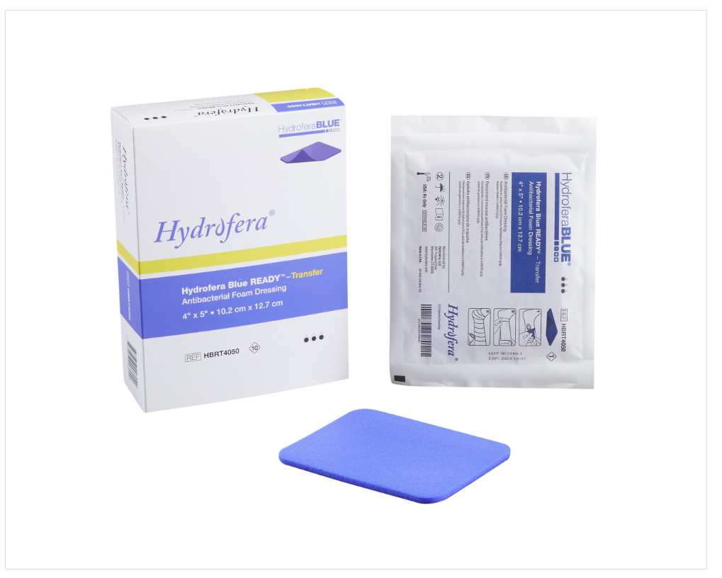 Antibacterial Foam Dressing Hydrofera BLUE® READY-Transfer 4 X 5 Inch Without Border Without Film Backing Nonadhesive Rectangle Sterile
