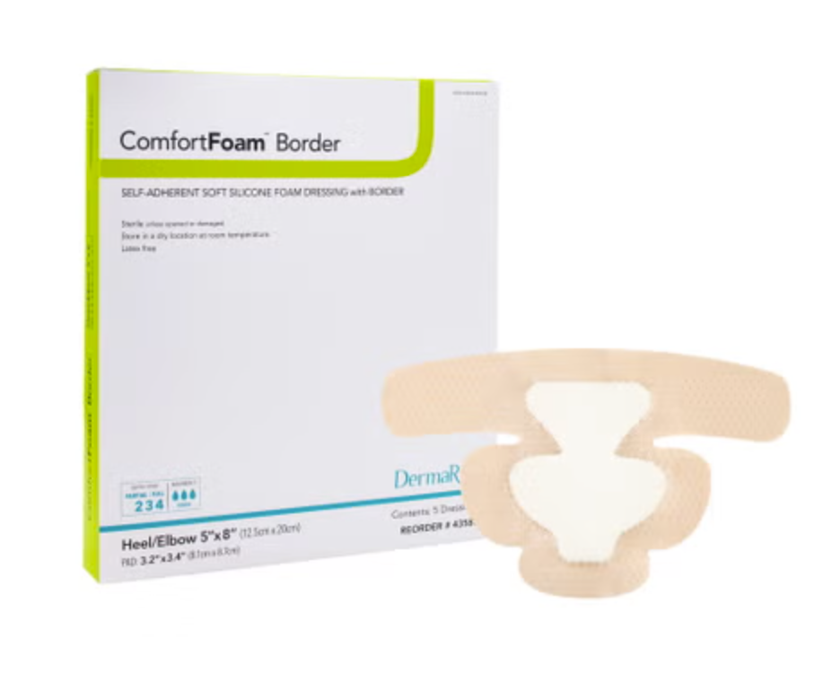 Foam Dressing ComfortFoam™ Border 5 X 8 Inch With Border Waterproof Backing Silicone Adhesive Elbow / Heel Sterile