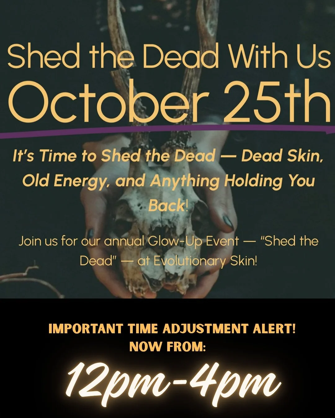 IMPORTANT ALERT ‼️🚨🔔My Annual Event - Shed the Dead -  is almost here&hellip; and this year&rsquo;s event is going to be spook-tacular. 👻✨ We&rsquo;ve changed the time to 12-4pm to allow more people to come in this busy Halloween season. If you&rs