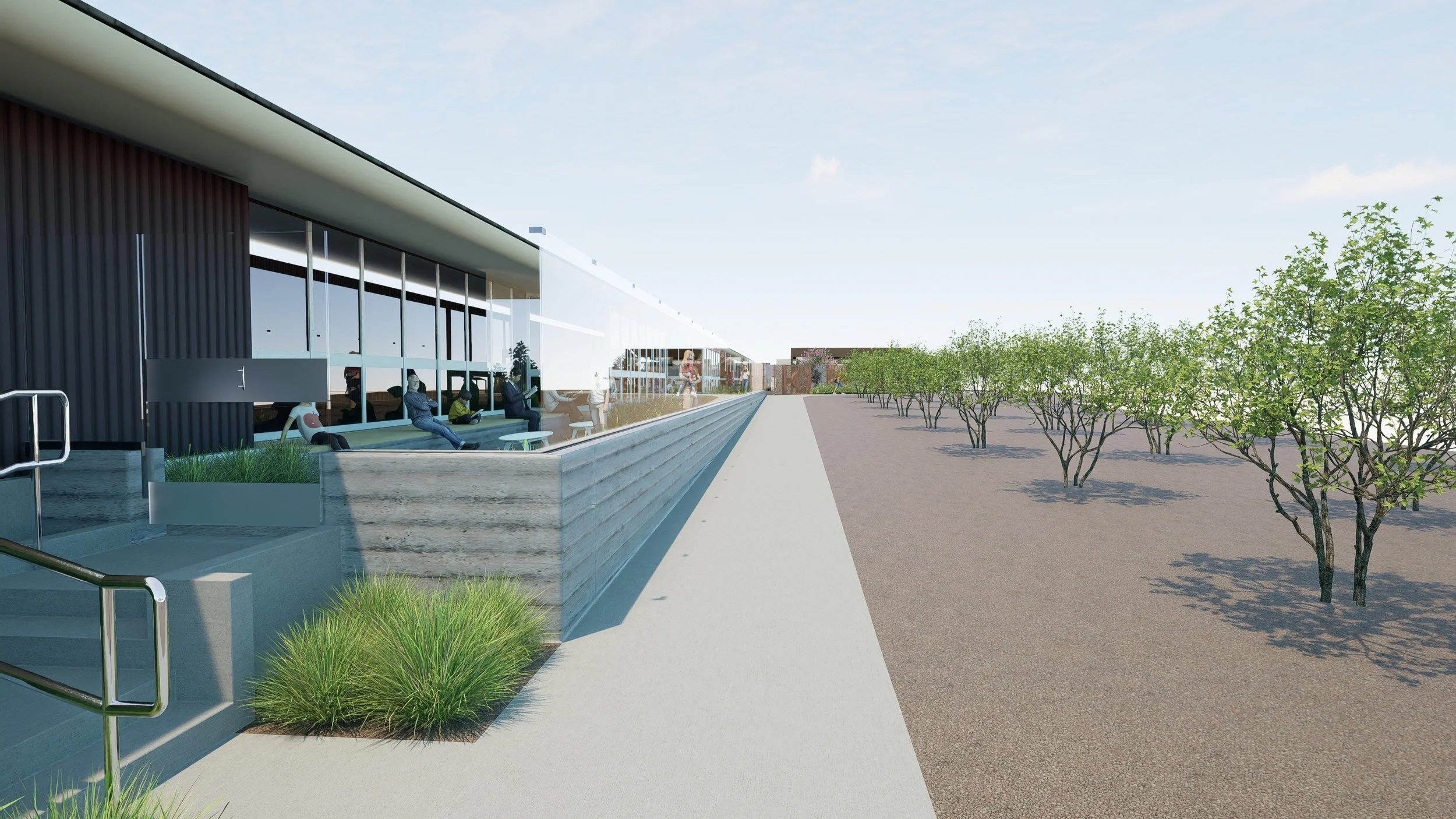 Architectural rendering of a library courtyard with a pergola, shaded seating, landscaped greenery, and people gathering outdoors.