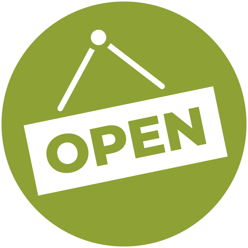 Green circular icon showing an ‘Open’ sign, indicating expanded or extended access