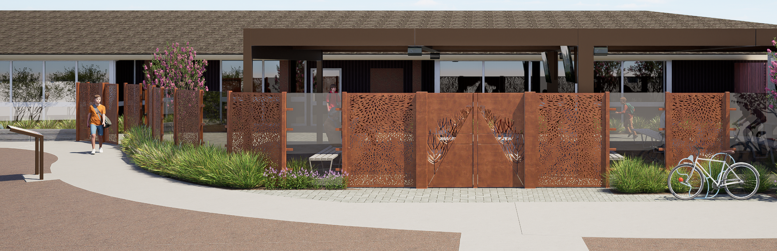 Architectural rendering of a library courtyard entrance with decorative metal panels, landscaped plantings, shaded seating, and people walking and biking past the outdoor space