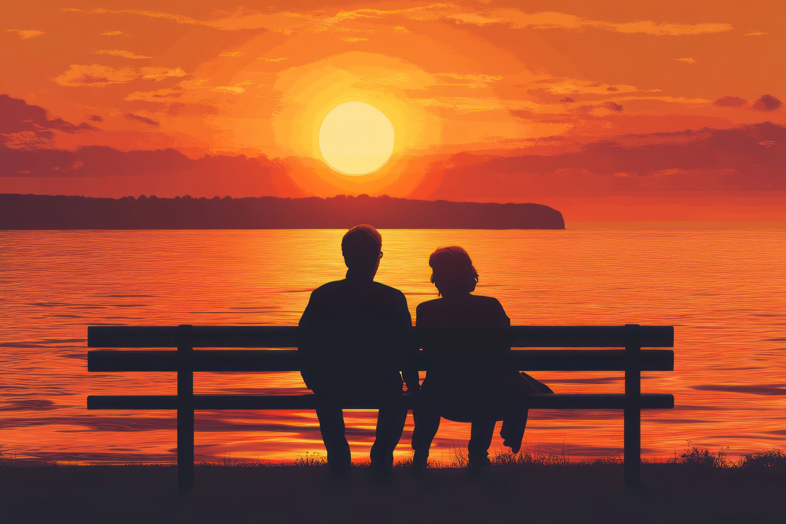 Two people sitting on a bench by the water at sunset, reflecting a sense of legacy and shared moments.