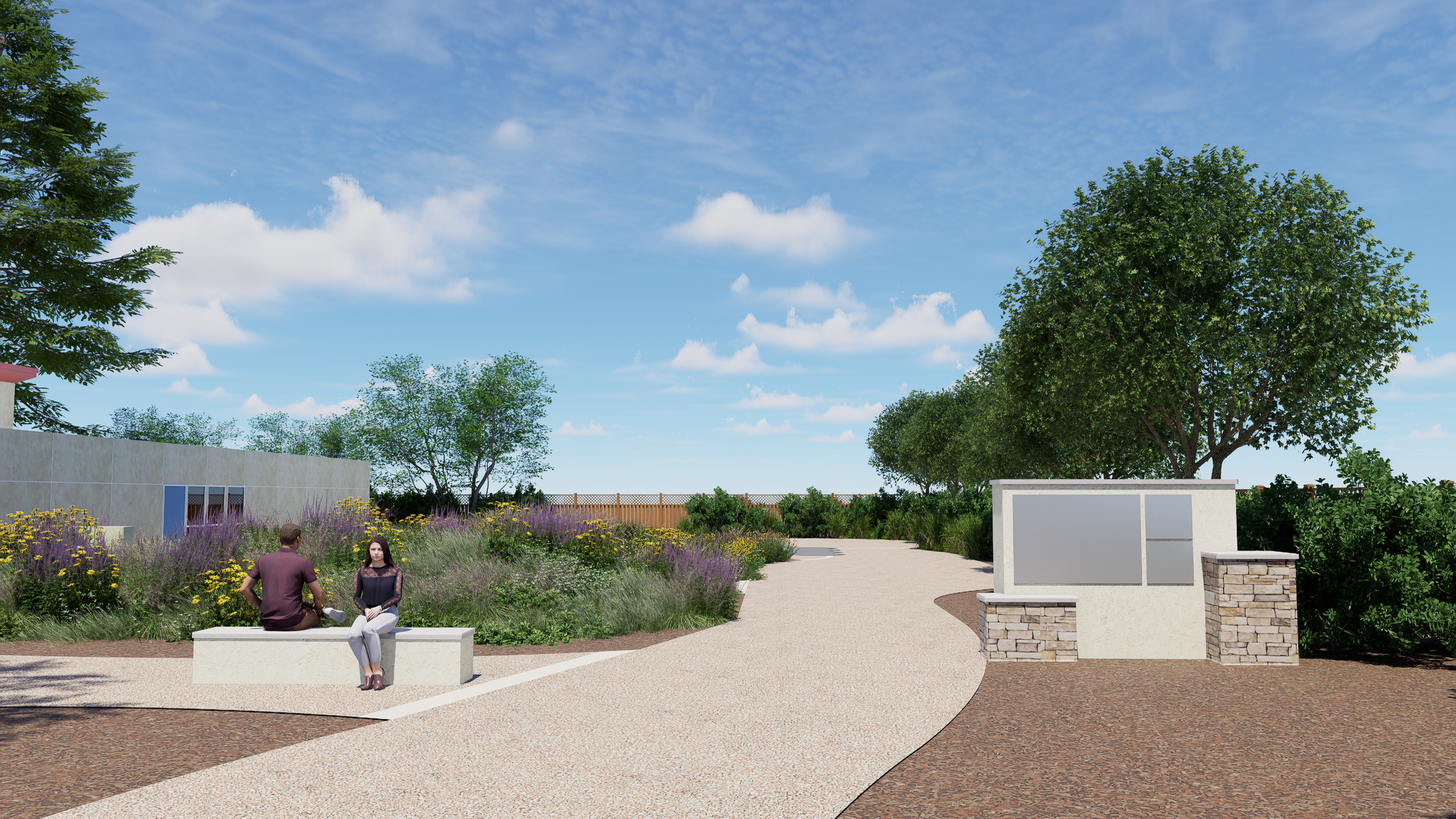 Architectural rendering of the Woodland Library terrace with landscaped gardens, curved walking paths, seating walls, and people using the space.