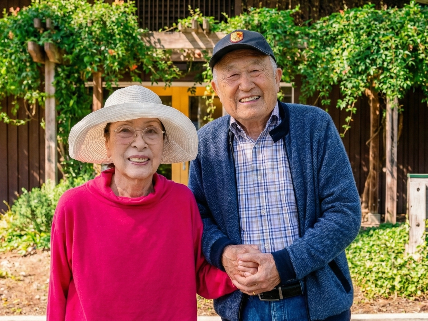 Aiko and Hsun Chou holding hands standing in front of the Los Altos Library