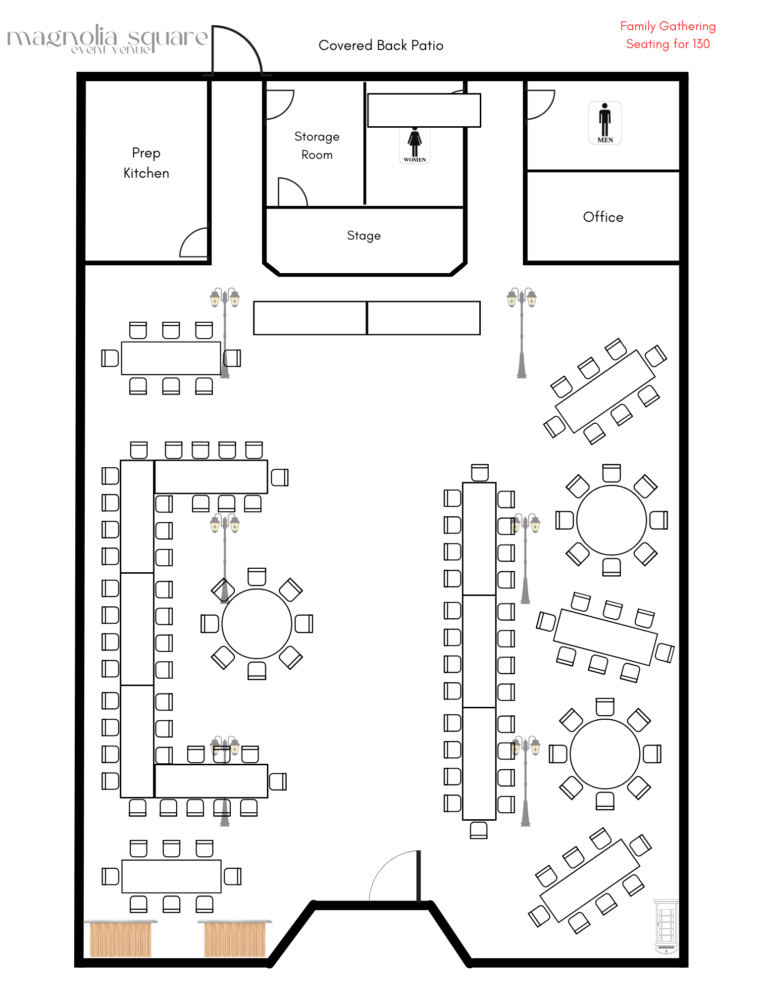 Family Gathering Mixed Layout with seating for 130 guests.