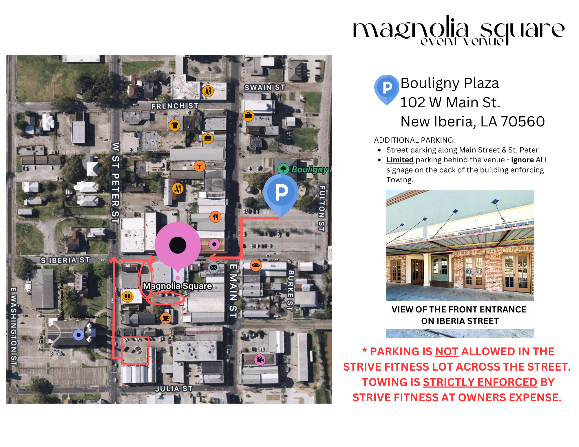 Magnolia Square Venue Parking Directions Downtown, New Iberia.