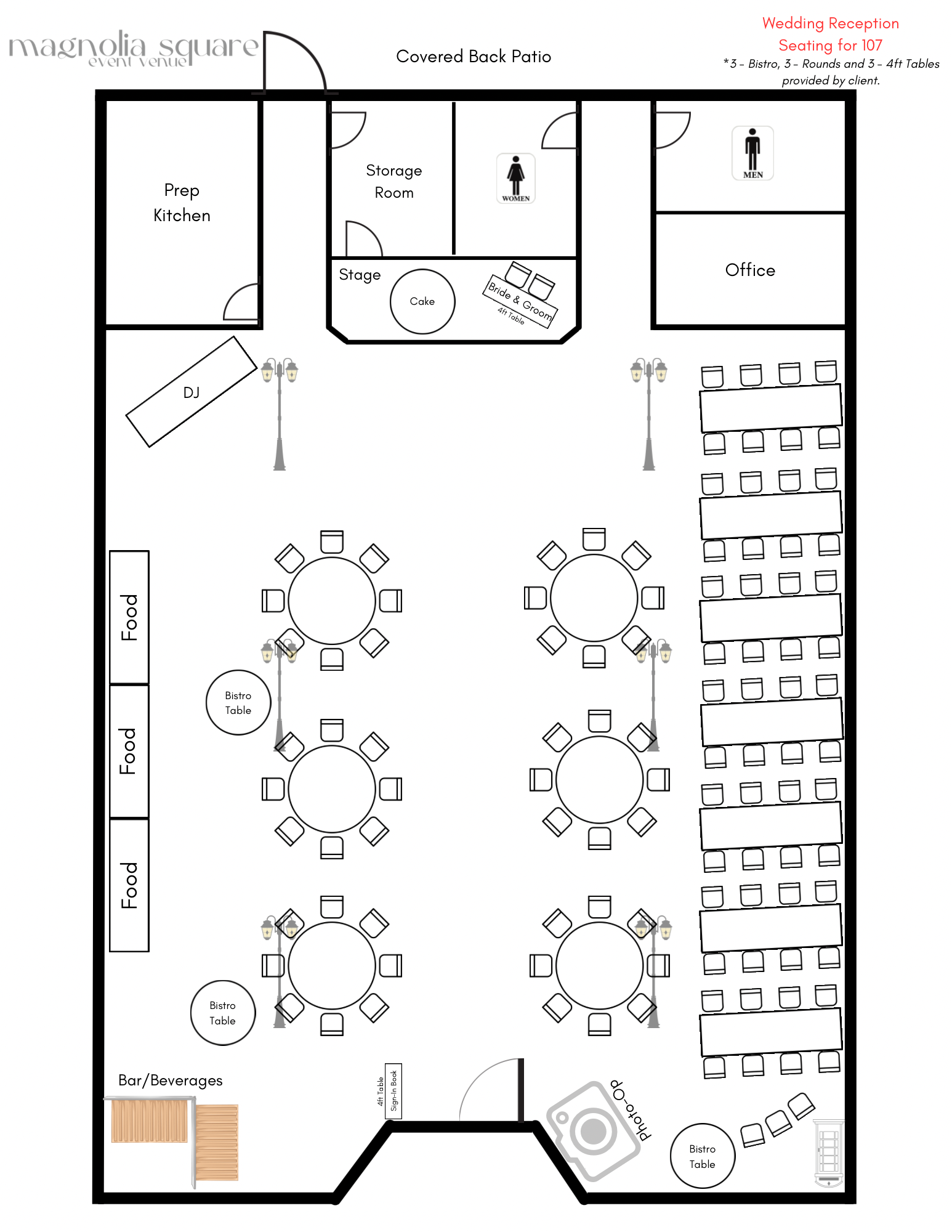 Wedding Reception Mixed Layout with seating for 107 guests.