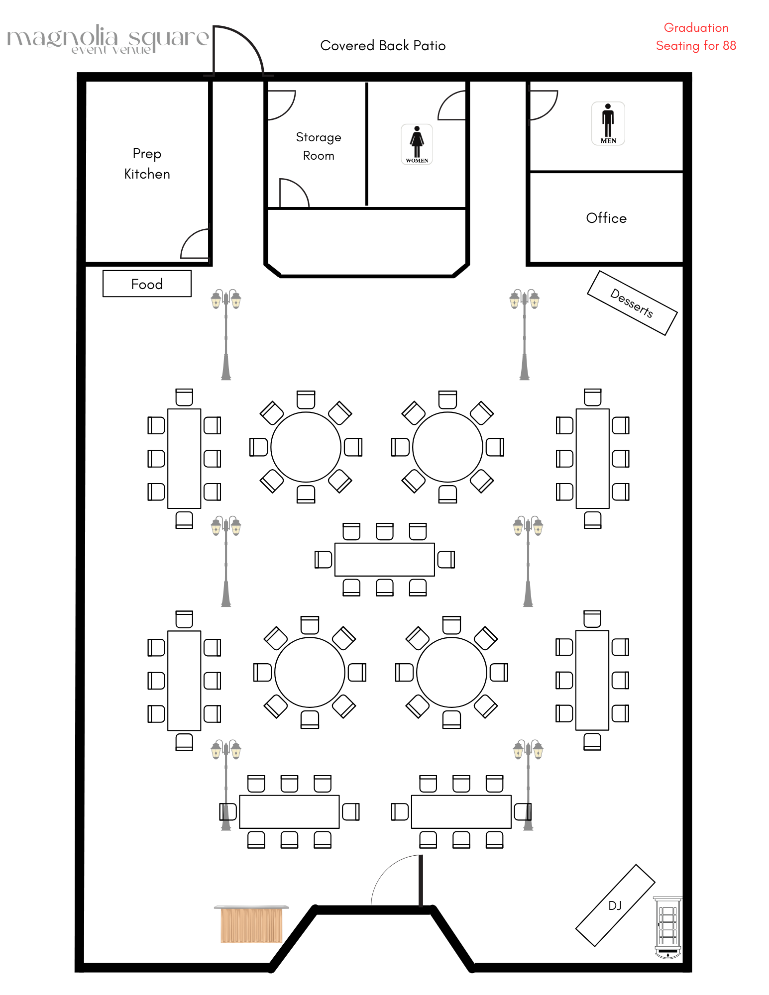 Graduation Party Mixed Layout seating for 88.