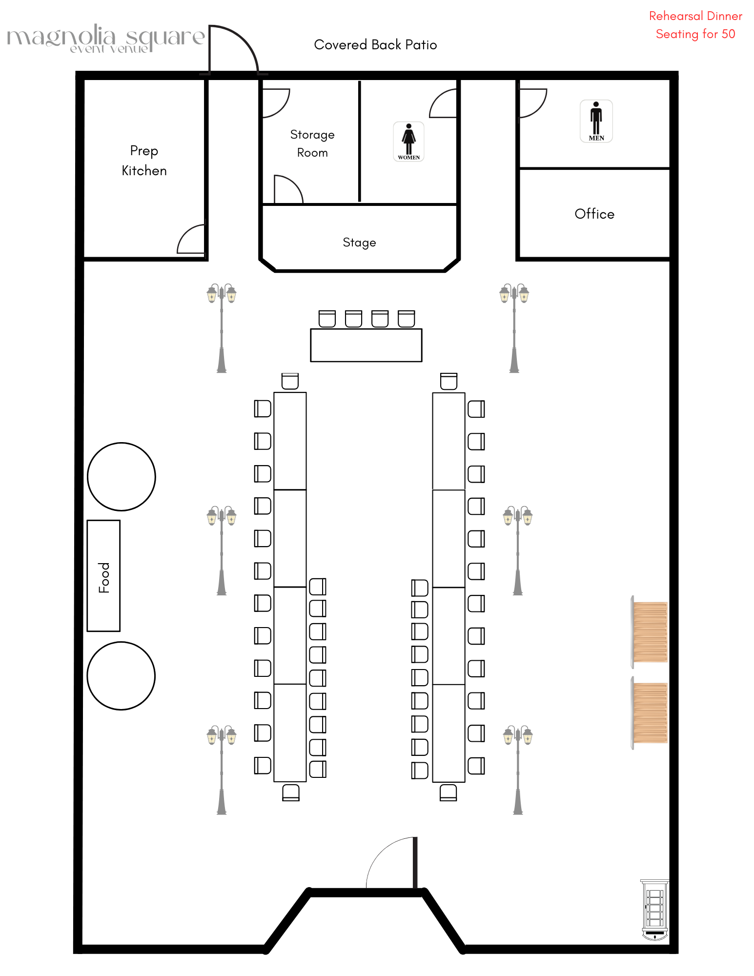 Rehearsal Dinner Family-Style Layout with seating for 50.