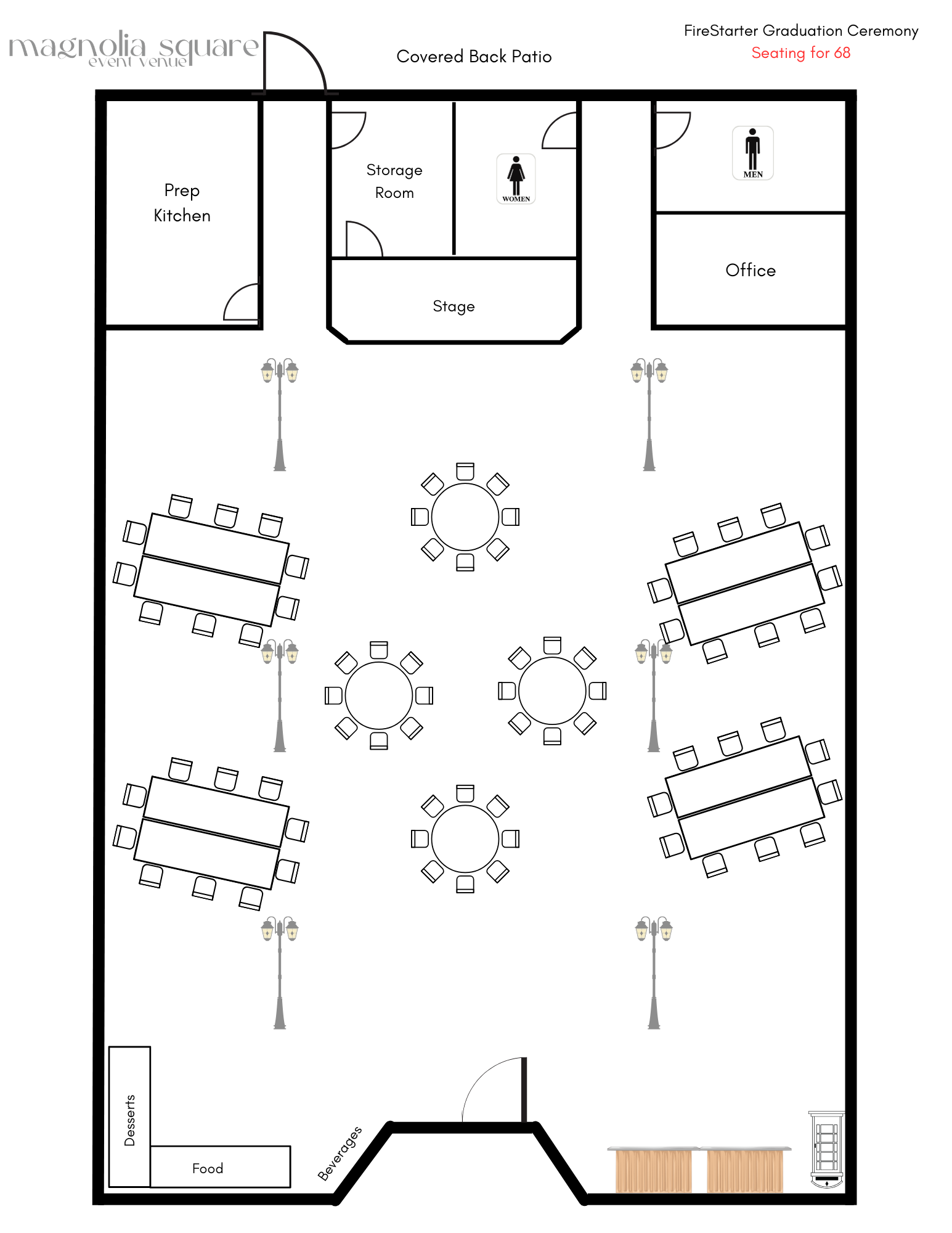 Graduation/Award Ceremony - Mixed Layout with seating for 68 guests.