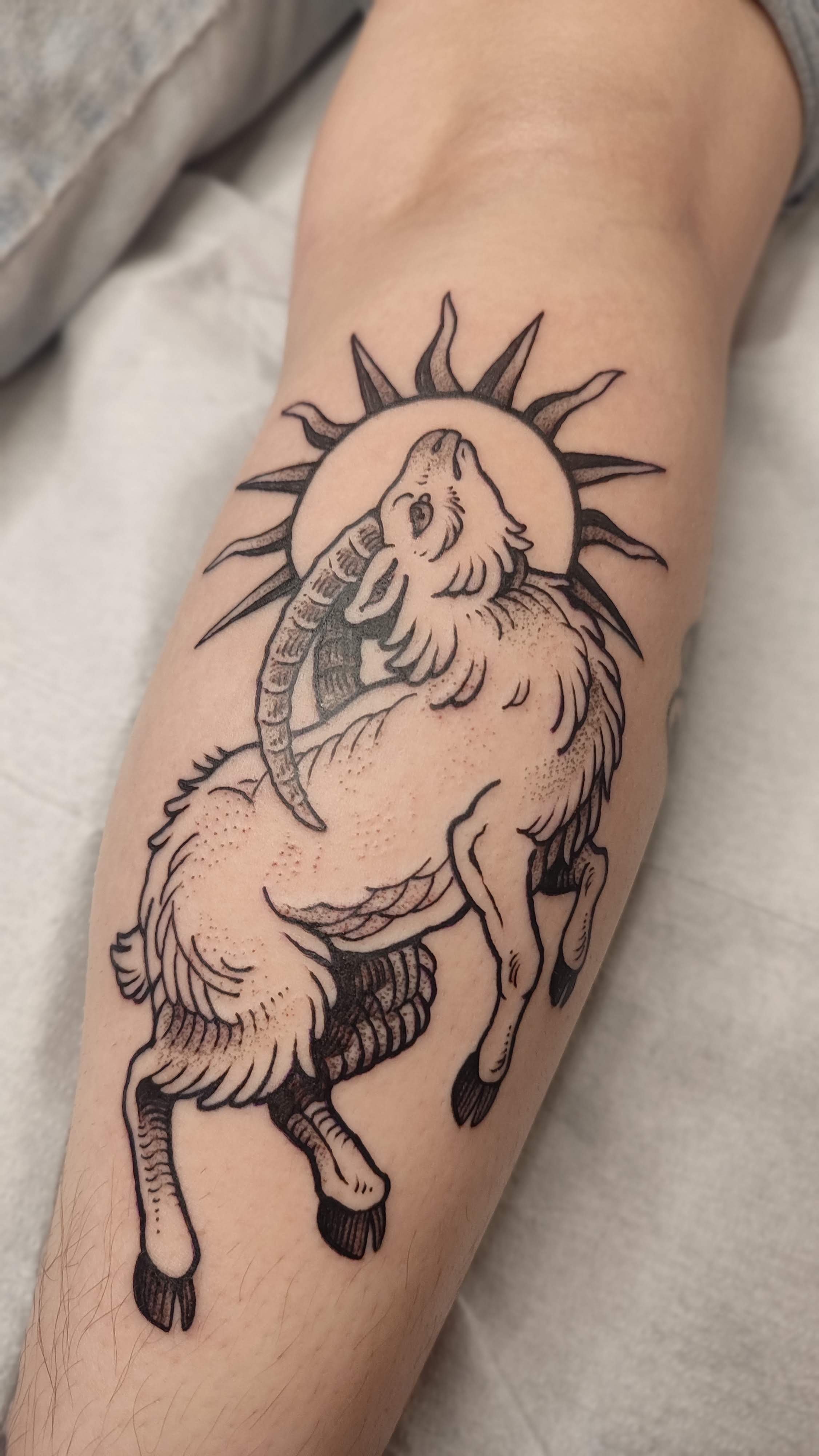 Tattoo of a goat with large horns and a sun on a person's leg.