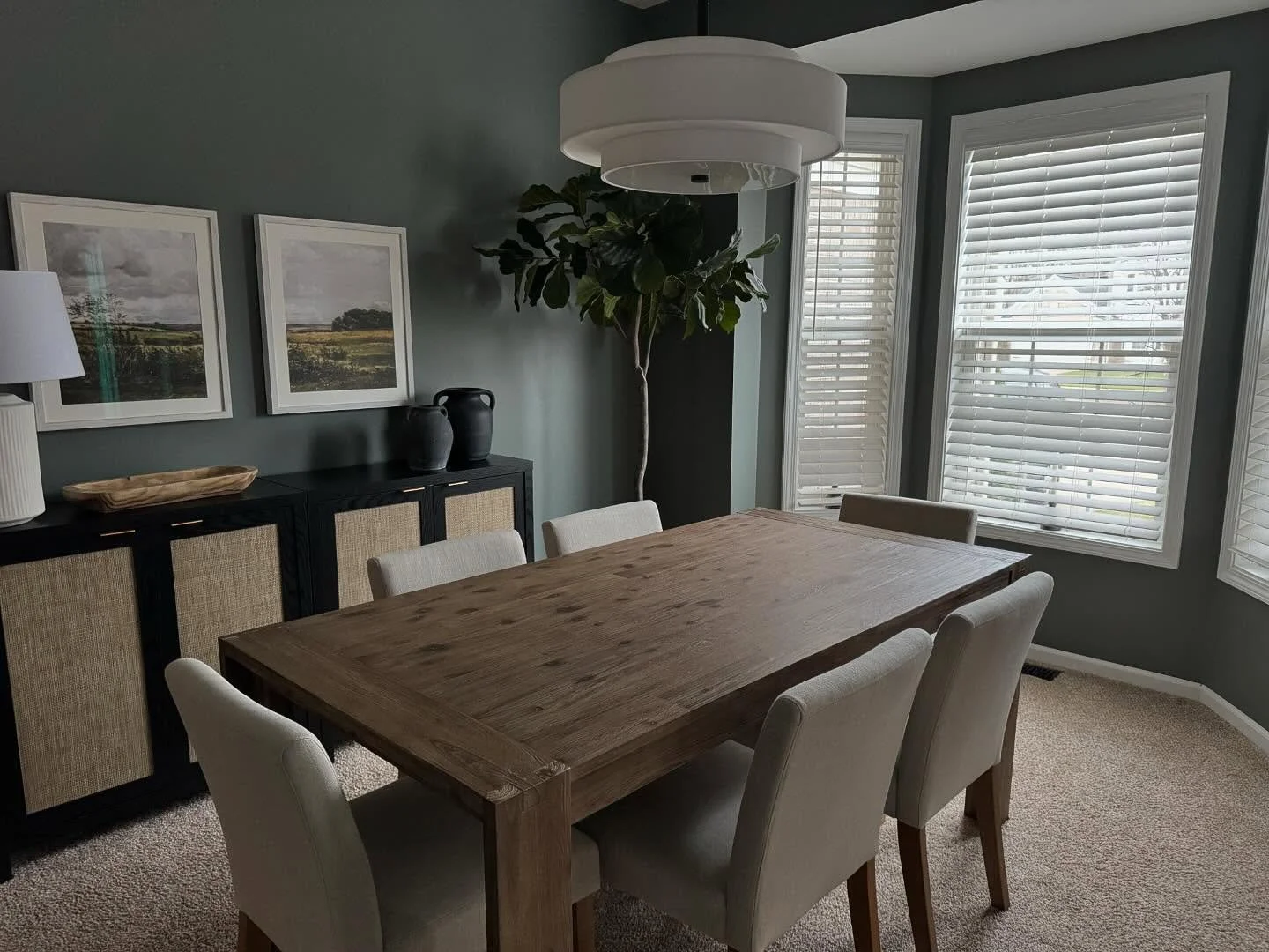 One of my favorite before and afters to date. A moody, farmhouse-inspired dining space with a hardworking office nook 💚